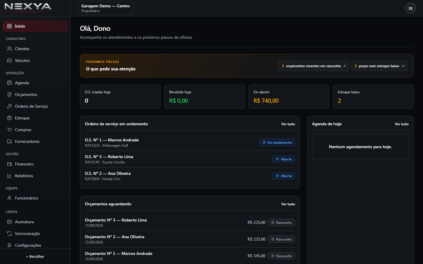 Painel operacional da NEXYA Auto